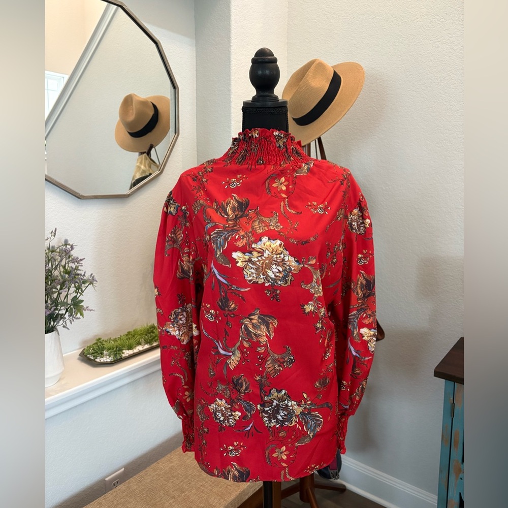 Red Ruched Neck Blouse - Picture 3 of 4